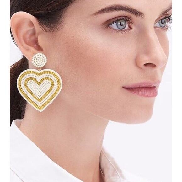J. Crew Factory Beaded Heart Statement Earrings in Pearl Multi Gold Plated New - Picture 3 of 8